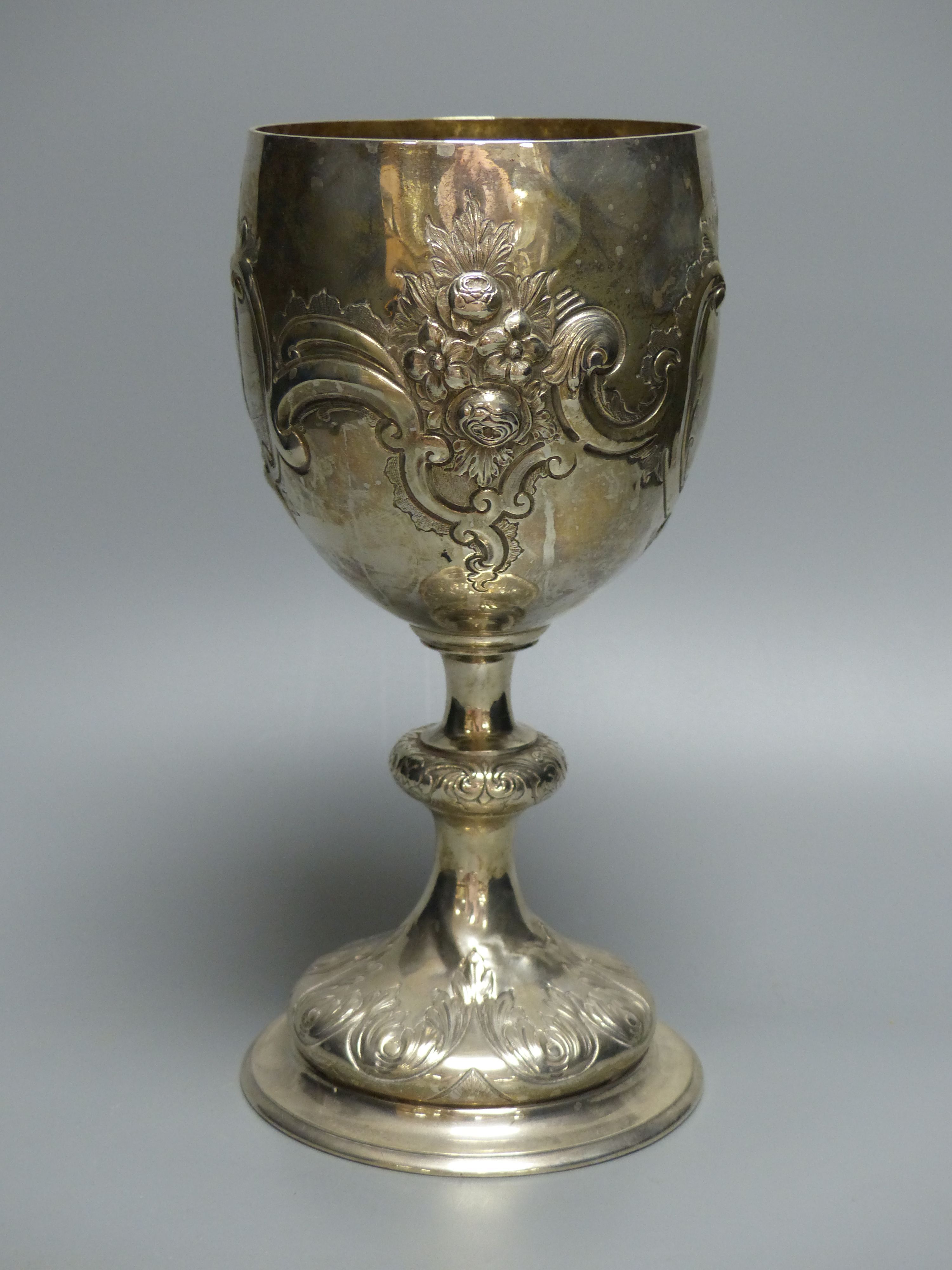 A Victorian embossed silver rowing trophy goblet, George Fox, London, 1882, 26.5cm,